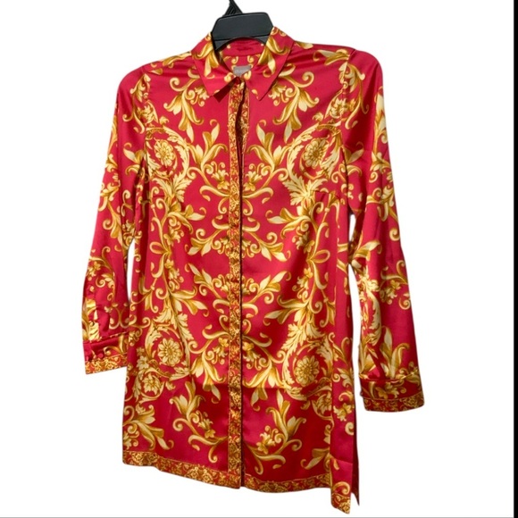 Chico's Women's Boho Ornate Scroll-Print Long Sleeve Tunic Sz Small Pink Gold - Picture 4 of 14